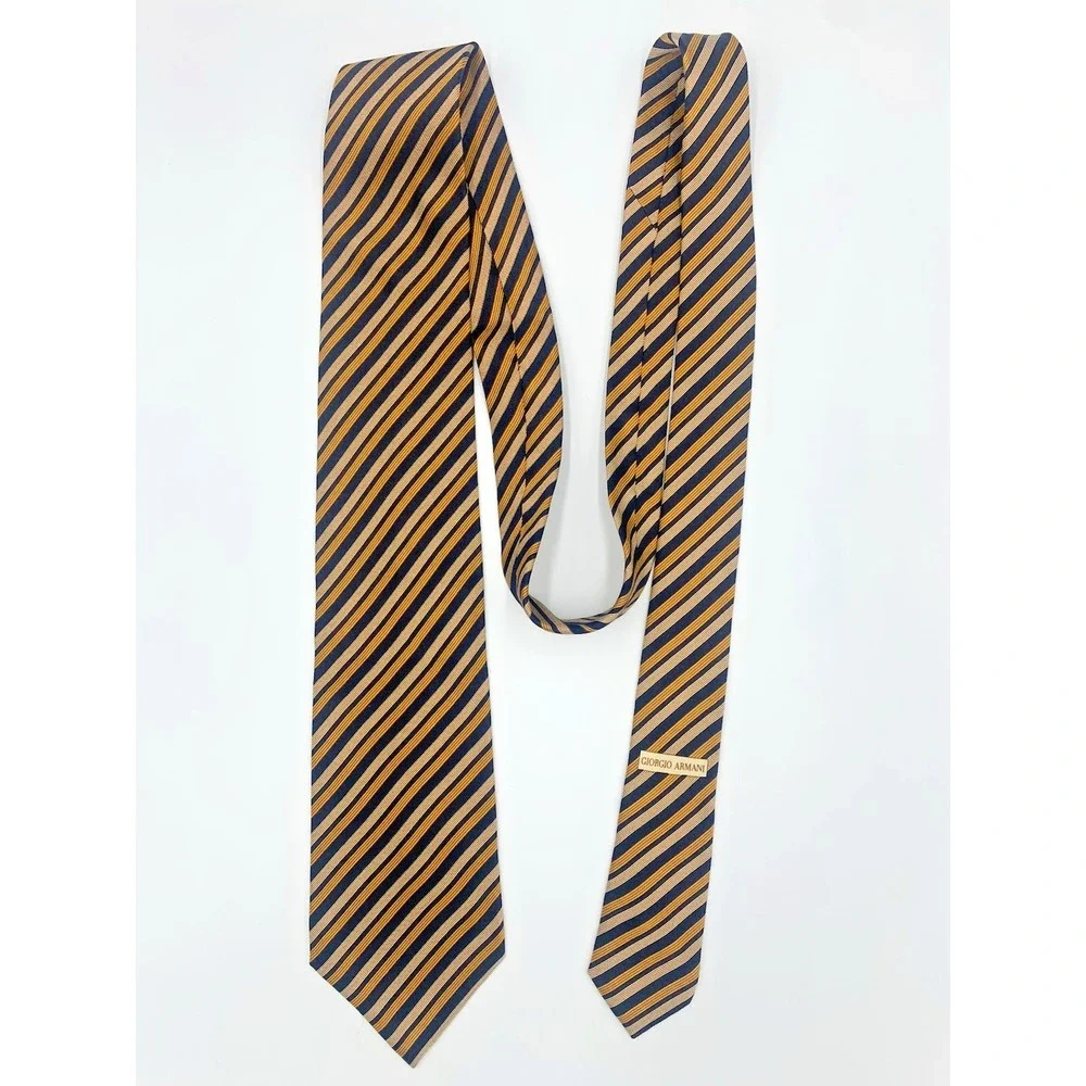 Giorgio Armani CRAVATTE 100% Silk Men's Neck Tie, Blue Gold Stripe‎ Short 56.5